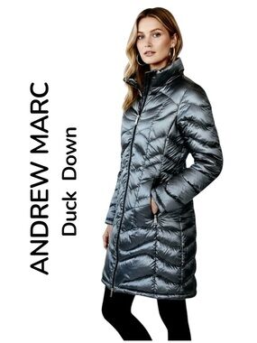 Andrew Marc Jacket Premium 650 Fill Down Puffer Coat Metallic Silver Packable L